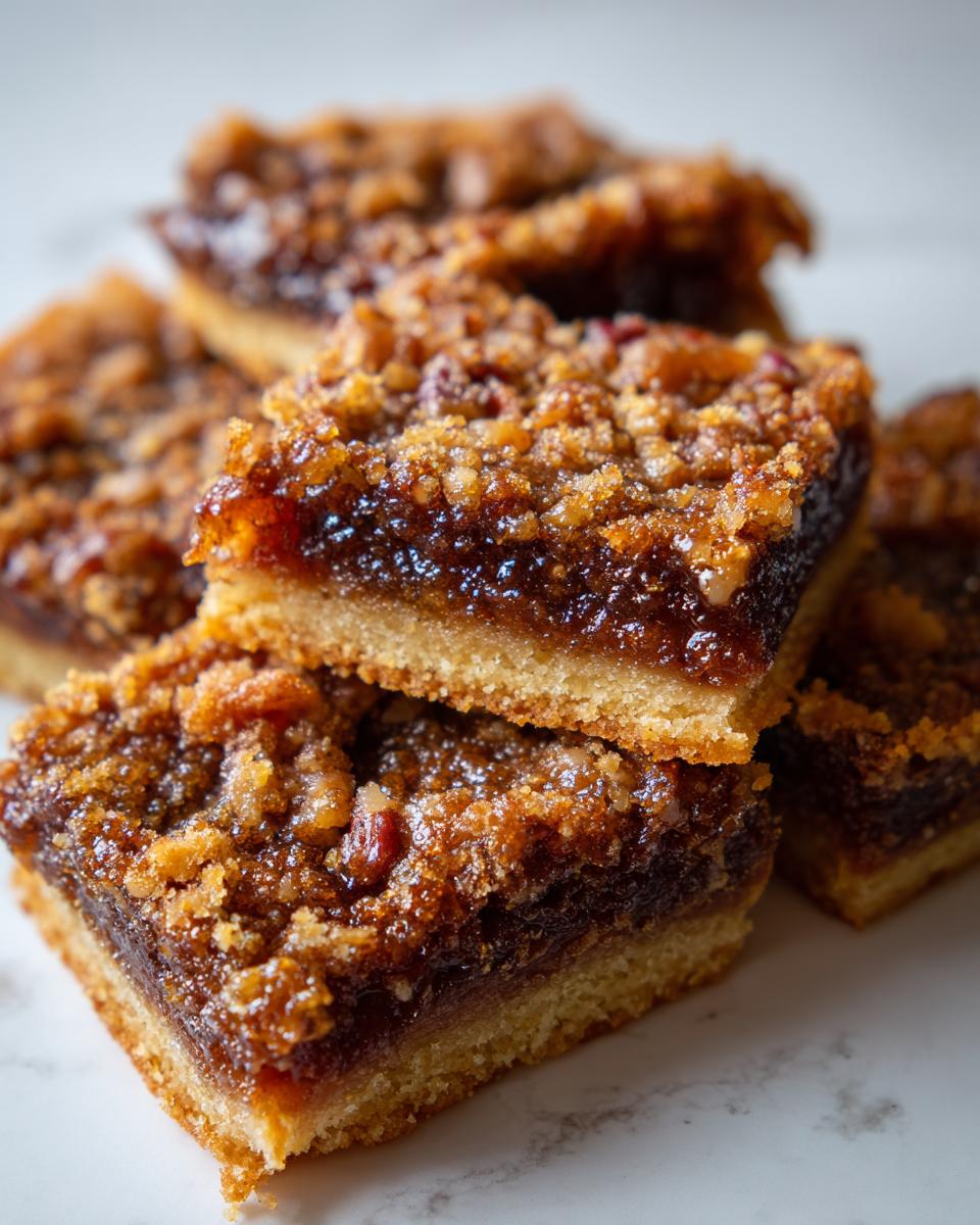 Close-up of stacked, gooey pecan pie bars showing a shortbread crust and rich, caramelized pecan topping.