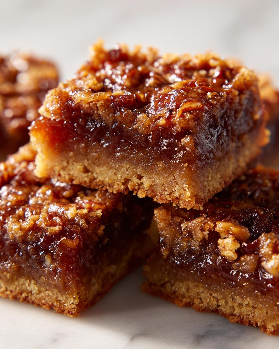 Close-up shot of a stack of gooey pecan pie bars showing the thick, caramelized pecan topping and shortbread crust.