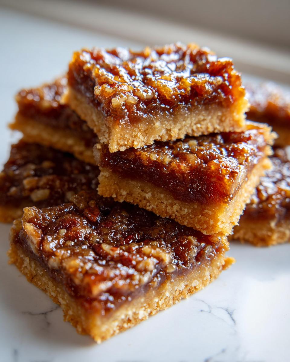 A stack of delicious, gooey pecan pie bars with a thick shortbread crust and shiny pecan topping.