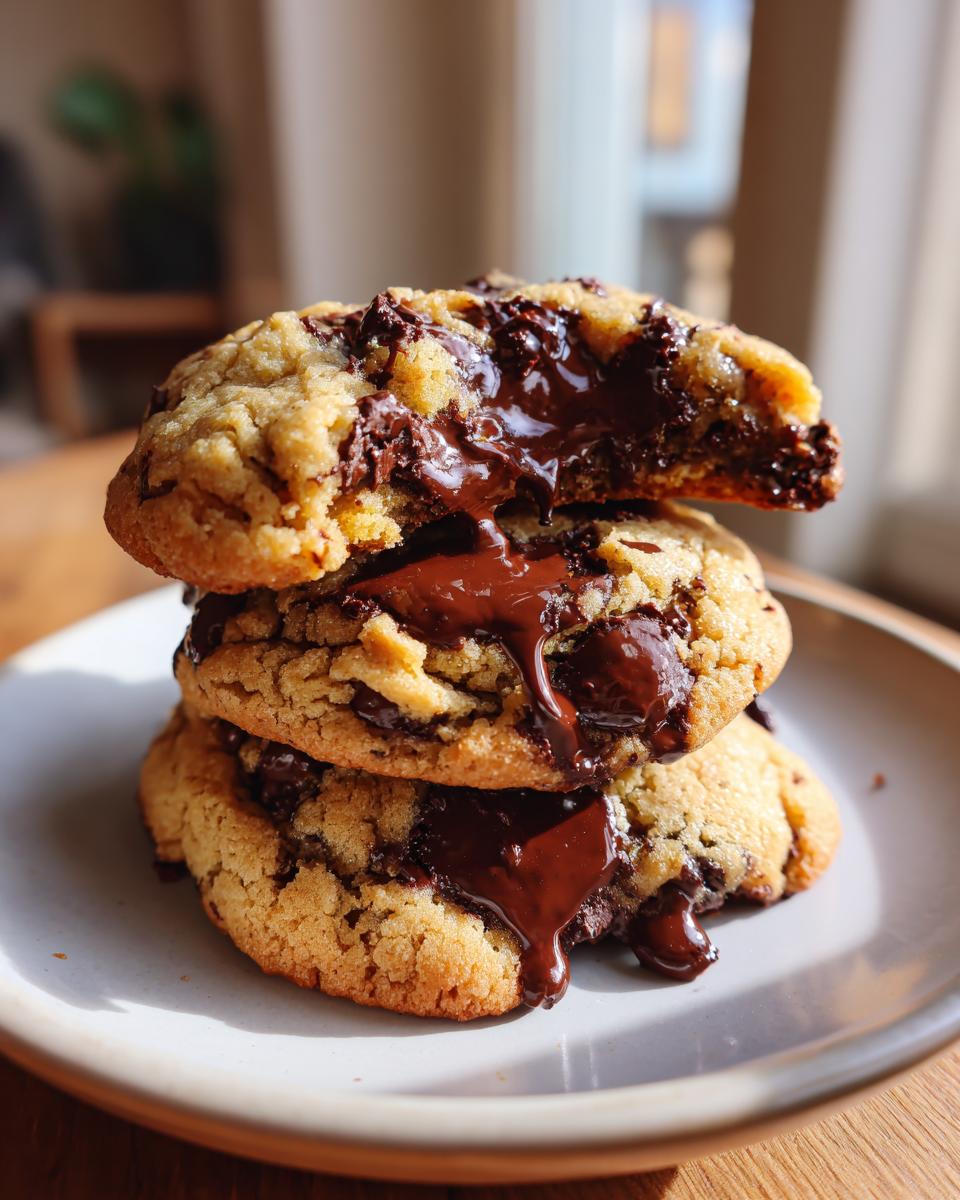 Stack of three gooey vegan chocolate chip cookies with melted chocolate oozing out, photographed close-up.