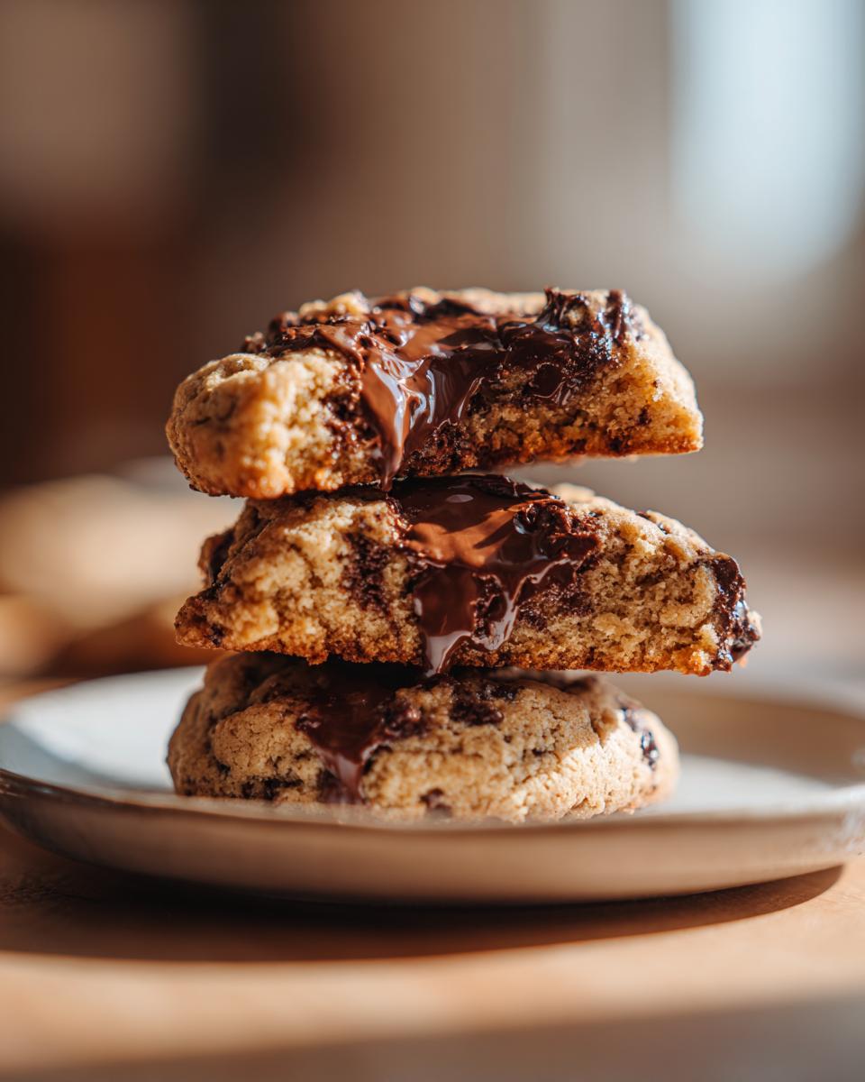 Stack of three vegan chocolate chip cookies, cut in half to show gooey, melted chocolate center.