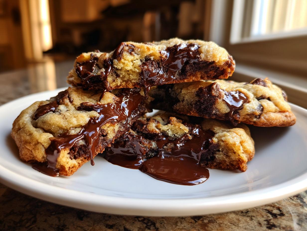 Stack of three broken vegan chocolate chip cookies oozing with melted dark chocolate.