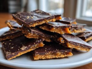A stack of homemade graham cracker toffee pieces topped with dark chocolate and sprinkled with crumbs.