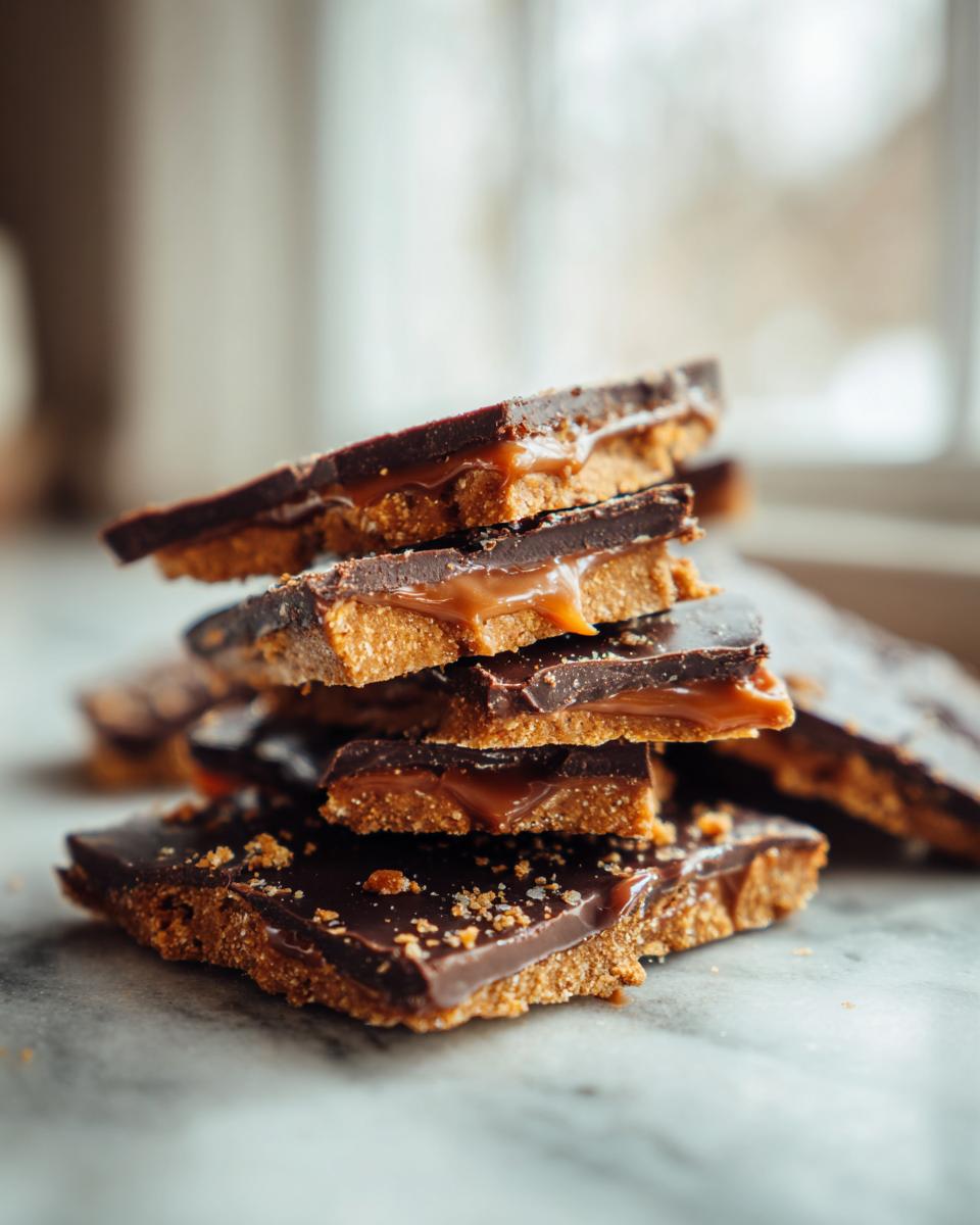 A stack of rich graham cracker toffee squares layered with gooey caramel and dark chocolate.