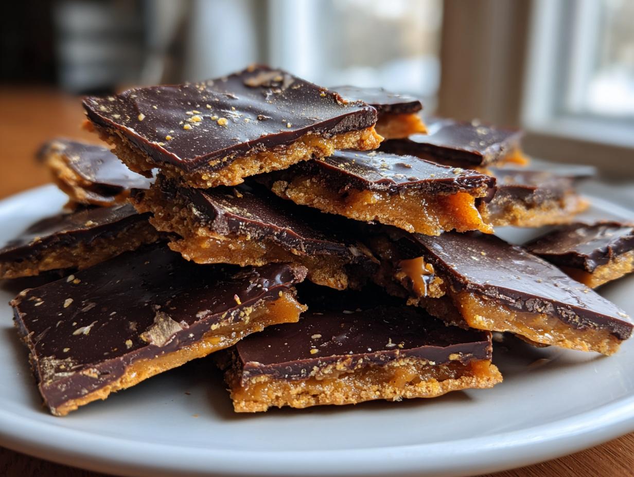 A stack of homemade graham cracker toffee pieces topped with dark chocolate and sprinkled with crumbs.