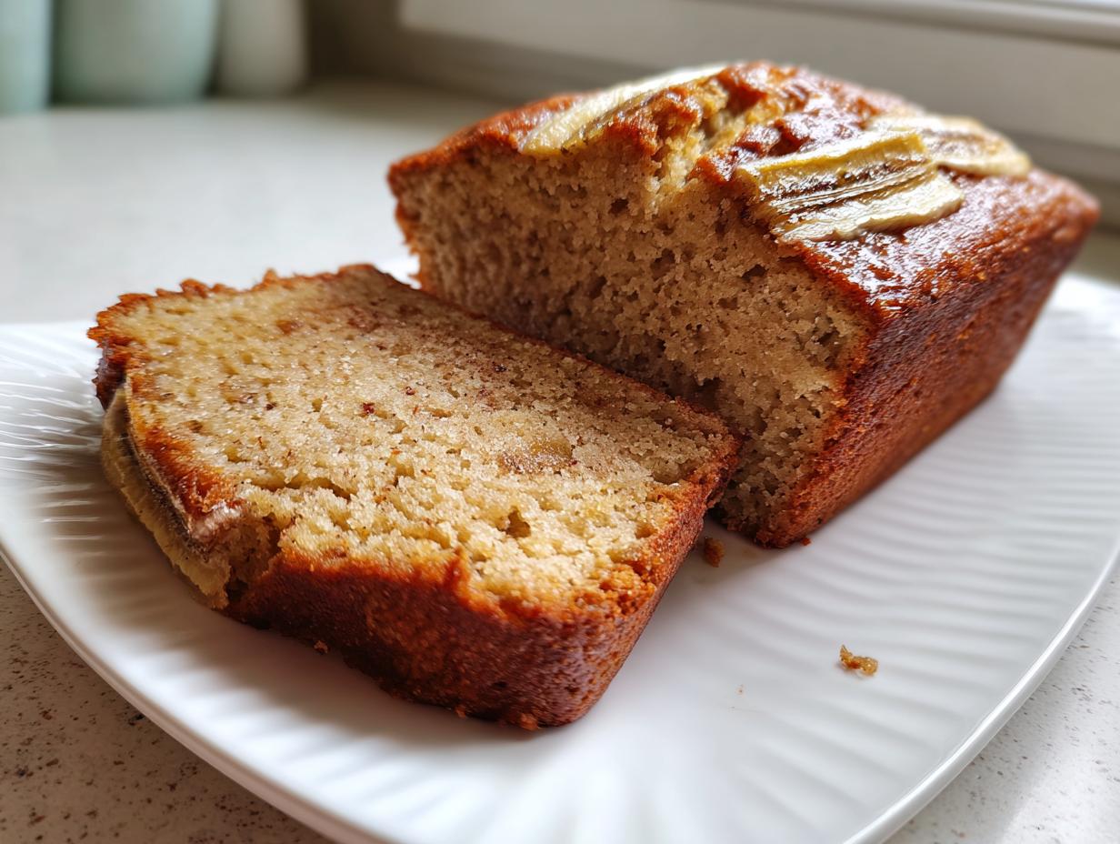 A loaf of moist greek yogurt banana bread, partially sliced, showing the tender crumb and banana topping.