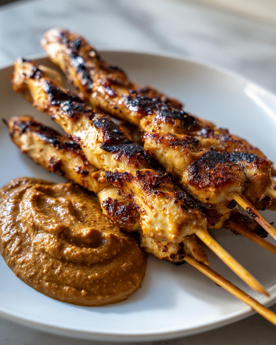 Close-up of four grilled chicken satay skewers served with a dollop of rich peanut sauce on a white plate.