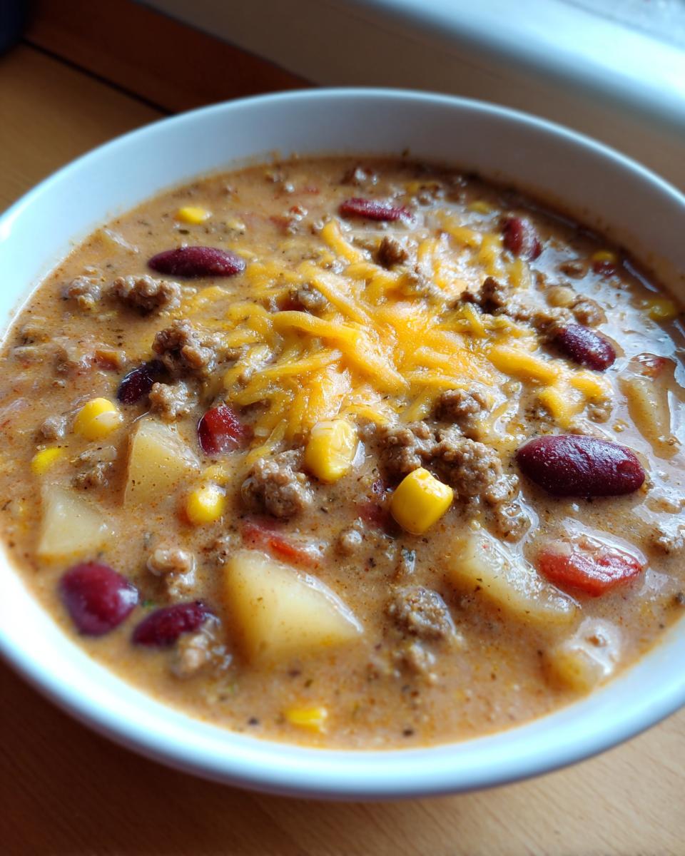Close-up of a creamy bowl of cowboy soup featuring ground beef, potatoes, kidney beans, corn, and melted cheddar cheese.