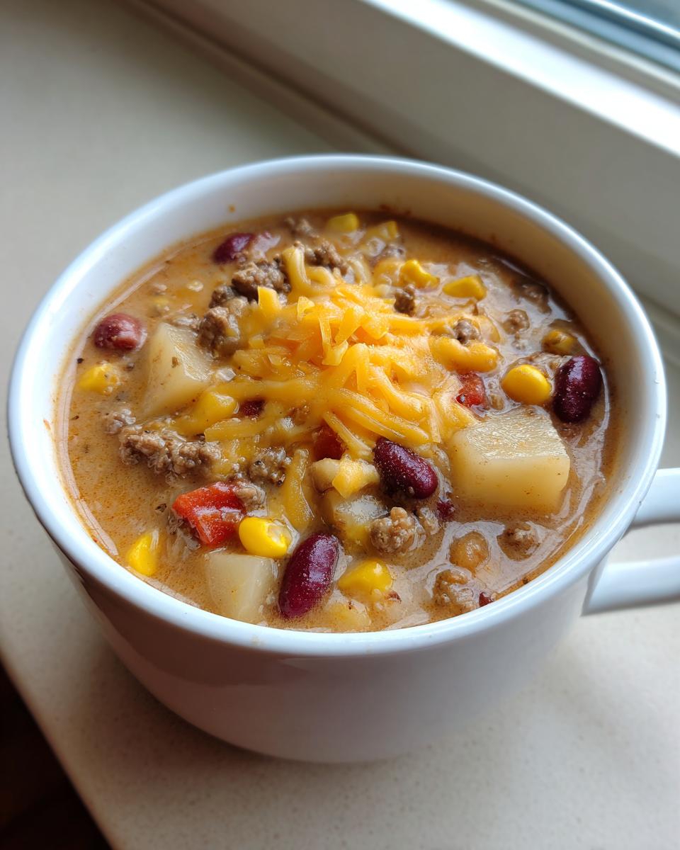 A close-up view of a white mug filled with hearty cowboy soup, featuring ground beef, corn, kidney beans, potatoes, and melted cheddar cheese.