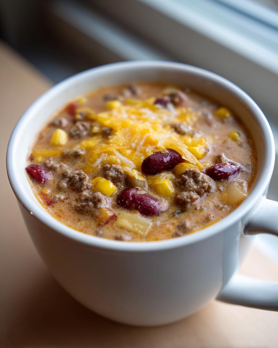 A close-up view of a steaming bowl of hearty cowboy soup topped with melted cheese, kidney beans, and corn.
