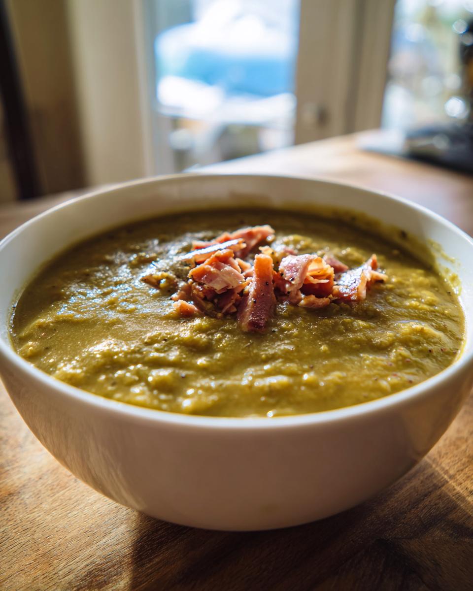 A close-up of a thick, green pea soup in a white bowl, garnished with crispy bacon pieces.