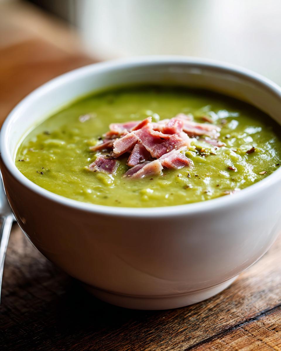Close-up of a thick, green pea soup served in a white bowl, garnished with diced ham pieces.