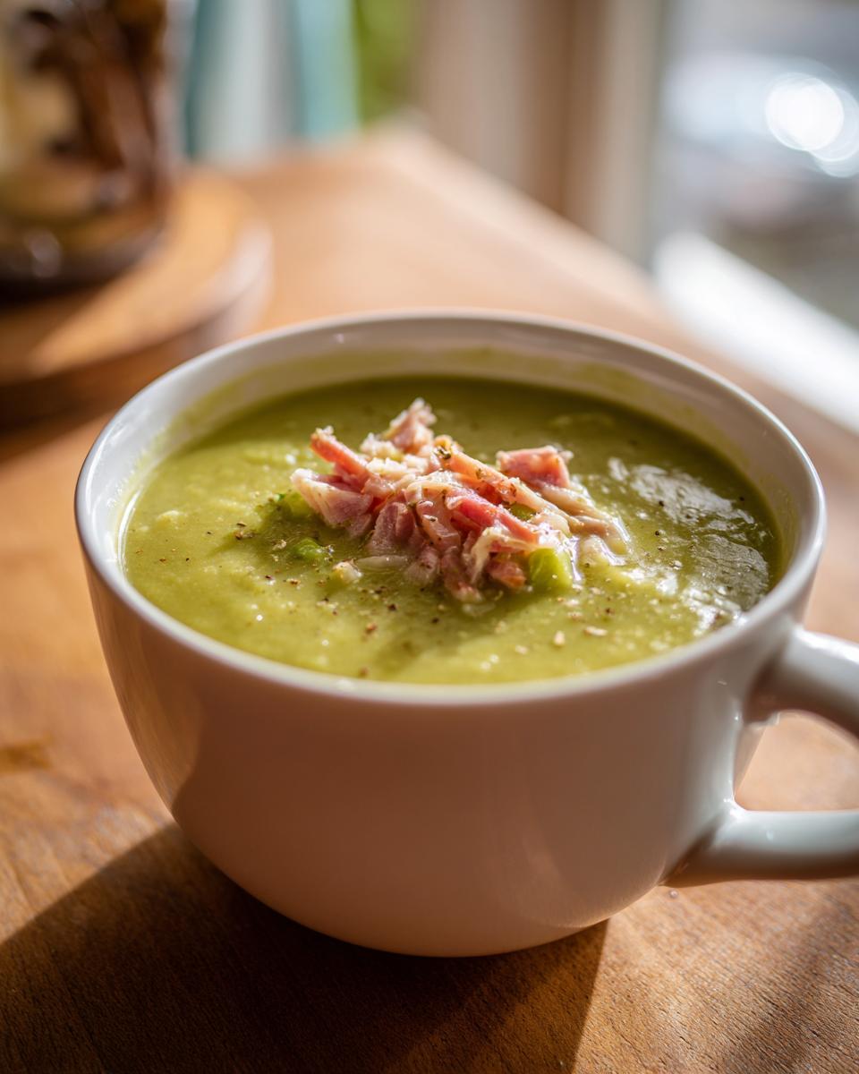 Close-up of a creamy green pea soup in a white mug, garnished with shredded ham and black pepper.