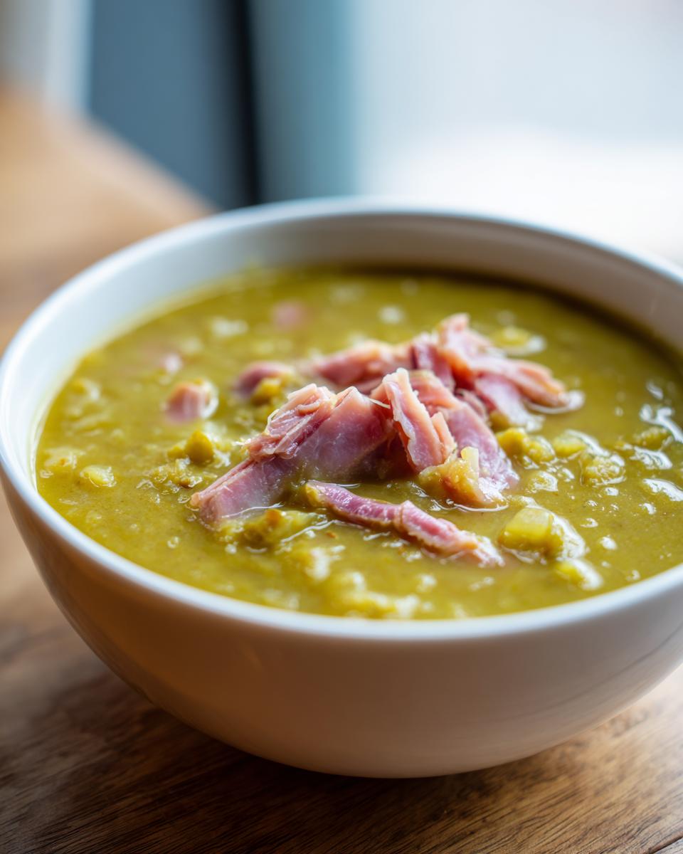 Close-up of a thick, green pea soup served in a white bowl, topped generously with shredded ham.