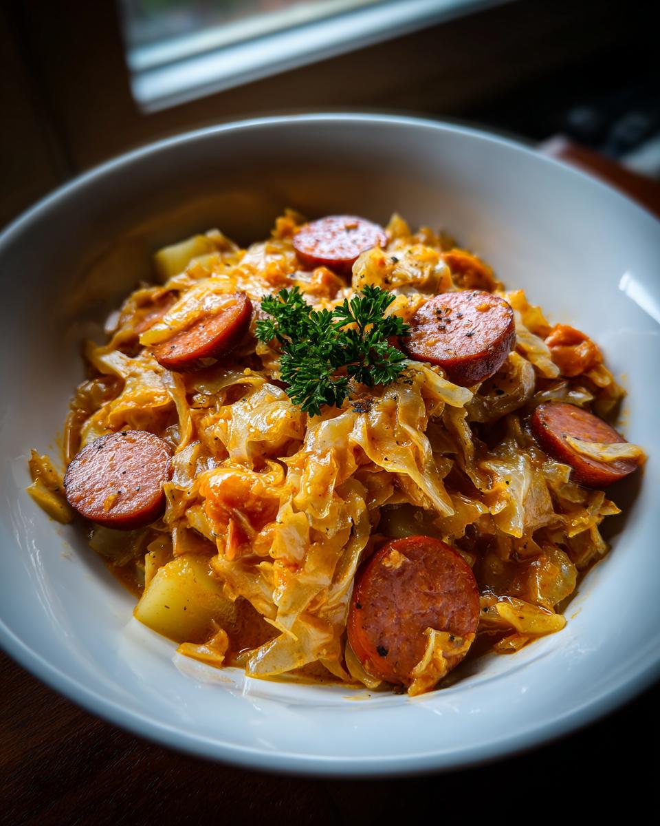 A close-up of a hearty bowl of sauerkraut soup featuring shredded cabbage, potatoes, and sliced smoked sausage, garnished with parsley.