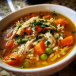 Close-up of a steaming bowl of turkey soup featuring shredded turkey, rice, carrots, peas, and fresh parsley.