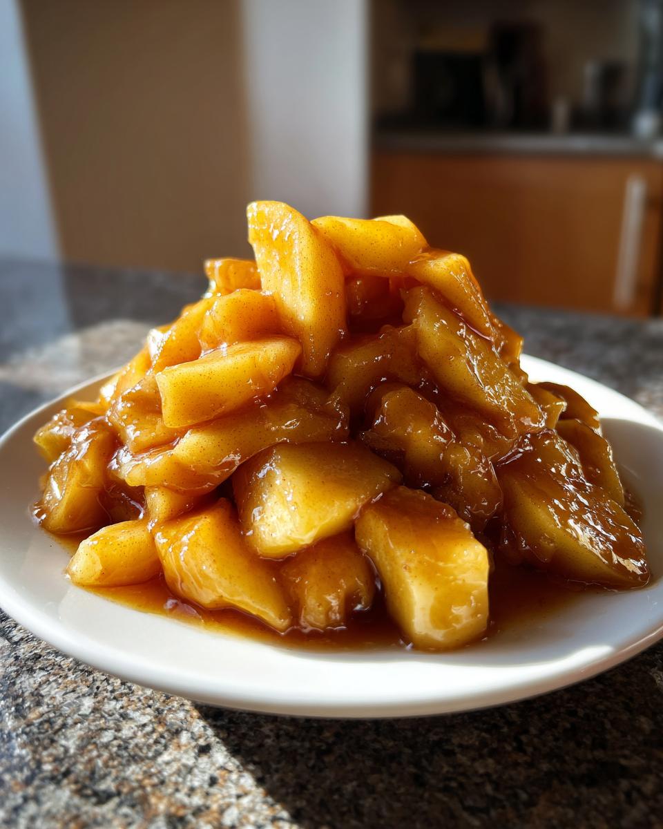 A mound of rich, caramelized apple pie filling, glistening with cinnamon sauce, served on a white plate.