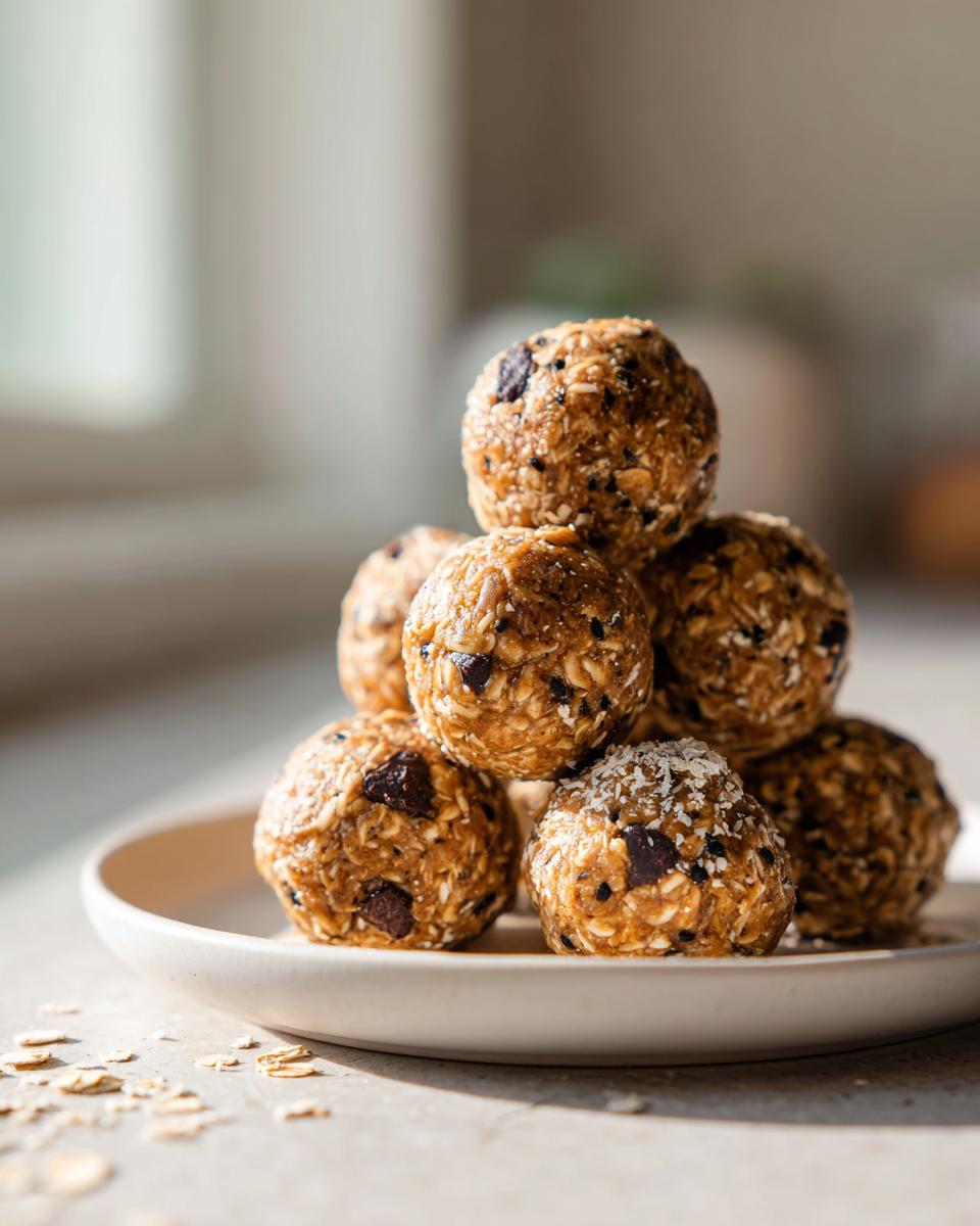 A pyramid stack of delicious, homemade chocolate chip protein balls on a small white plate.