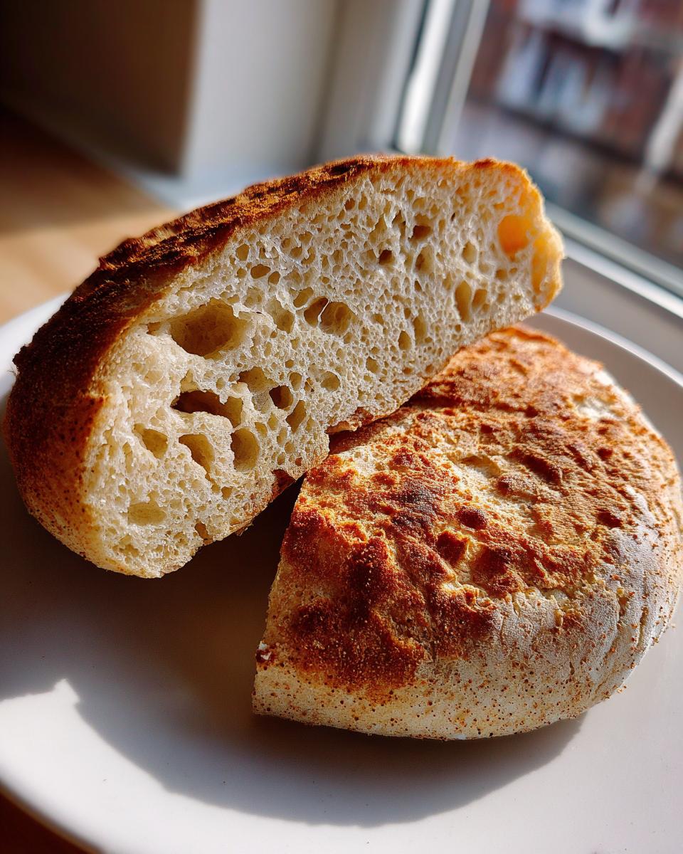 Close-up of homemade English muffins split open showing the signature nooks and crannies texture.