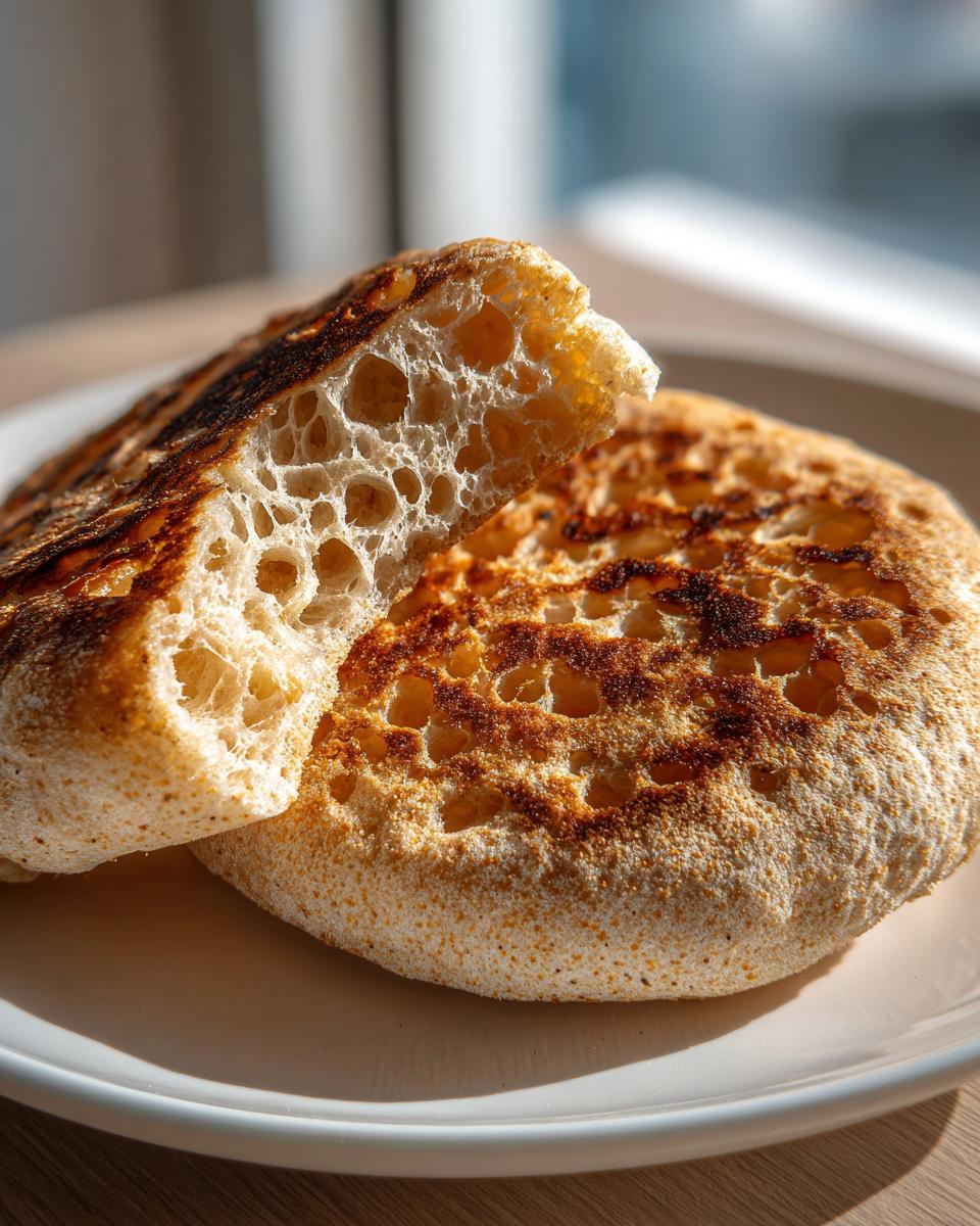 Close-up of a homemade English muffin split open, showing its characteristic large holes and toasted exterior.