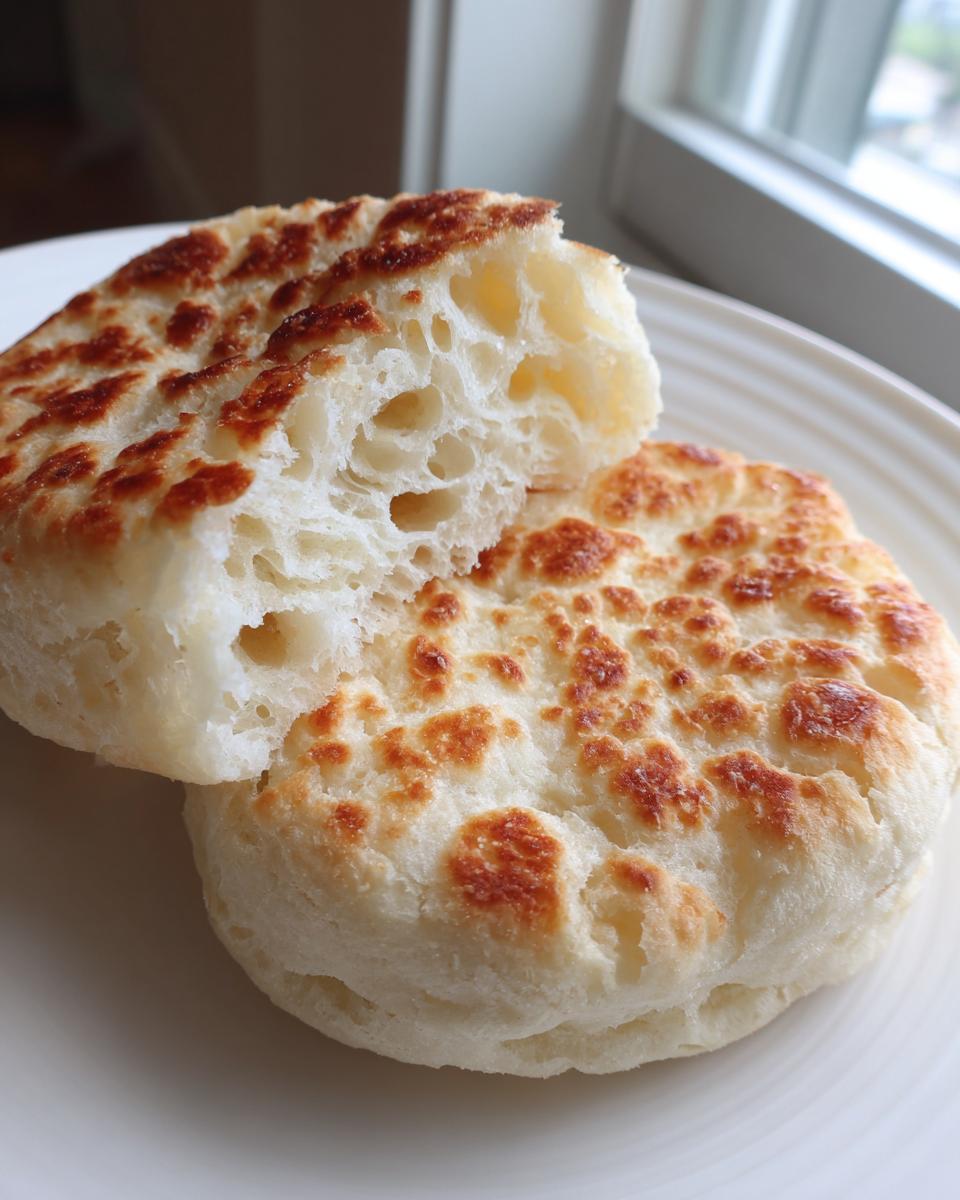 Close-up of a homemade English muffin split open, showing the signature nooks and crannies texture.