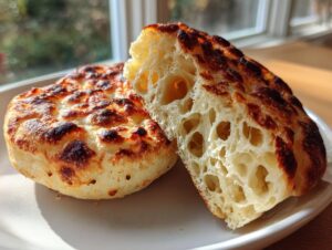 Close-up of homemade English muffins, one split open revealing a beautiful, airy, open crumb structure.