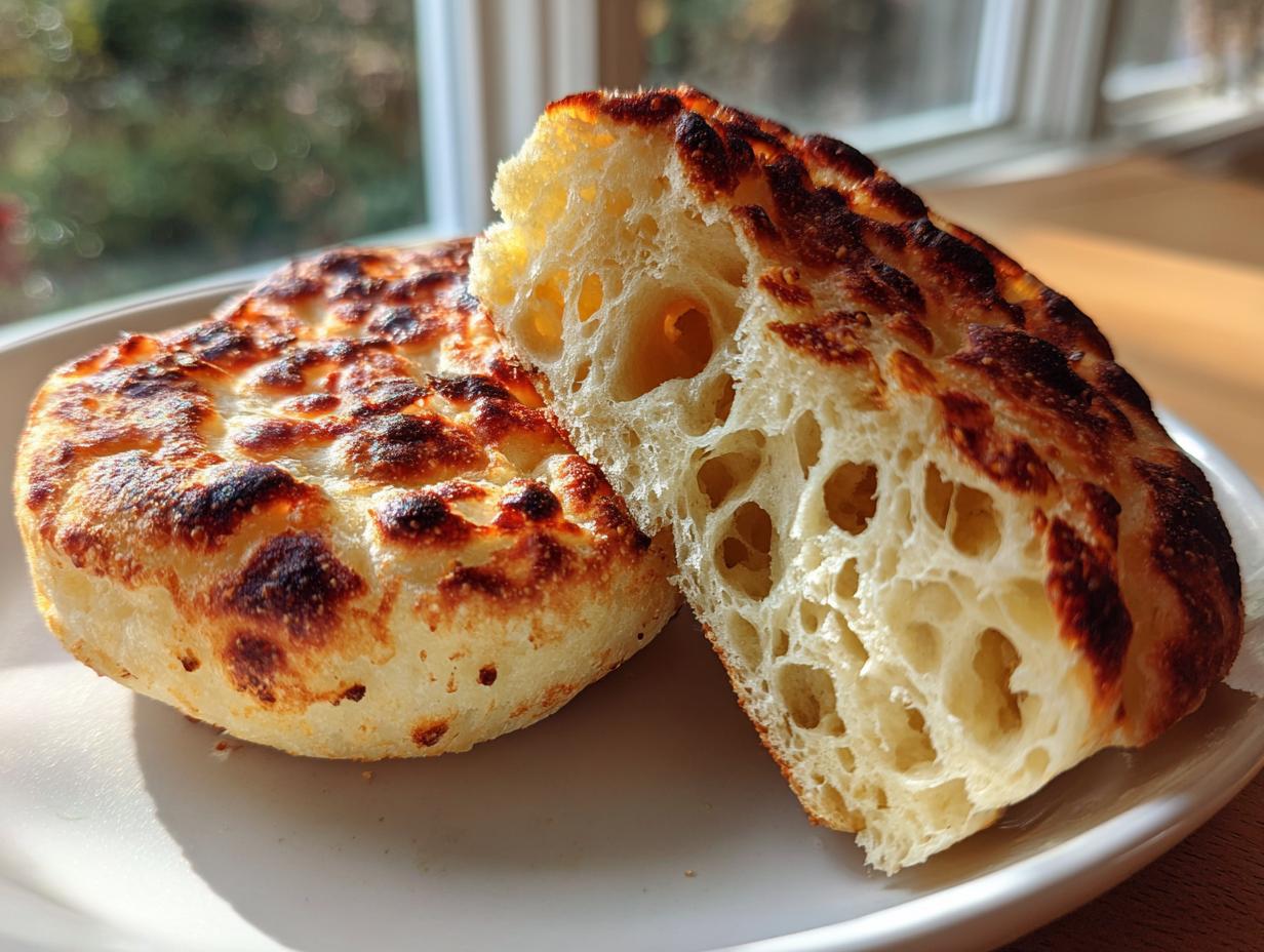 Close-up of homemade English muffins, one split open revealing a beautiful, airy, open crumb structure.