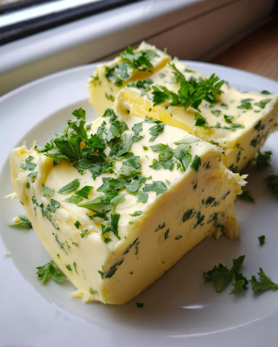 Three portions of homemade garlic butter, studded with herbs and topped with fresh parsley, resting on a white plate.