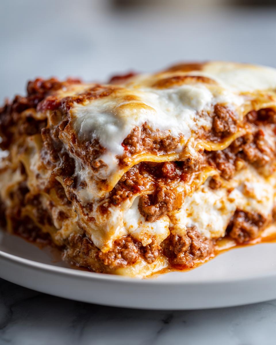 A mouthwatering close-up of a thick slice of homemade lasagna showing layers of rich meat sauce and melted white cheese.
