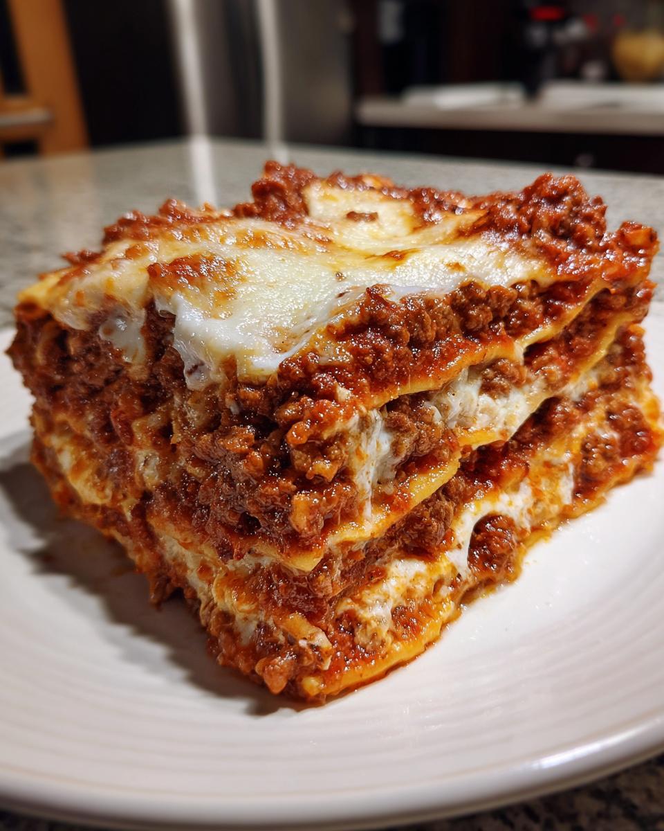 A thick, square slice of homemade lasagna showing multiple creamy and meaty layers, topped with melted cheese.