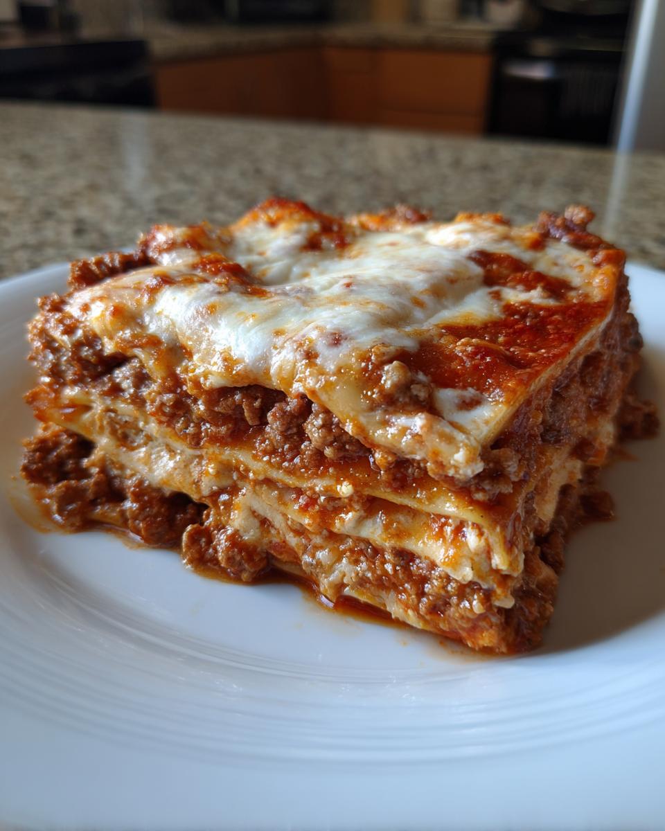 A thick, square slice of homemade lasagna showing multiple layers of pasta, meat sauce, and melted cheese topping.
