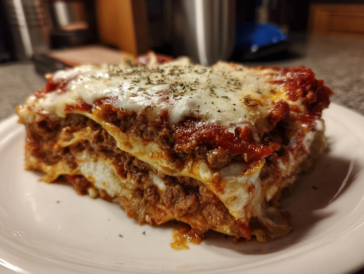 A generous, thick slice of homemade lasagna showing multiple layers of meat sauce, ricotta, and melted mozzarella cheese topping.
