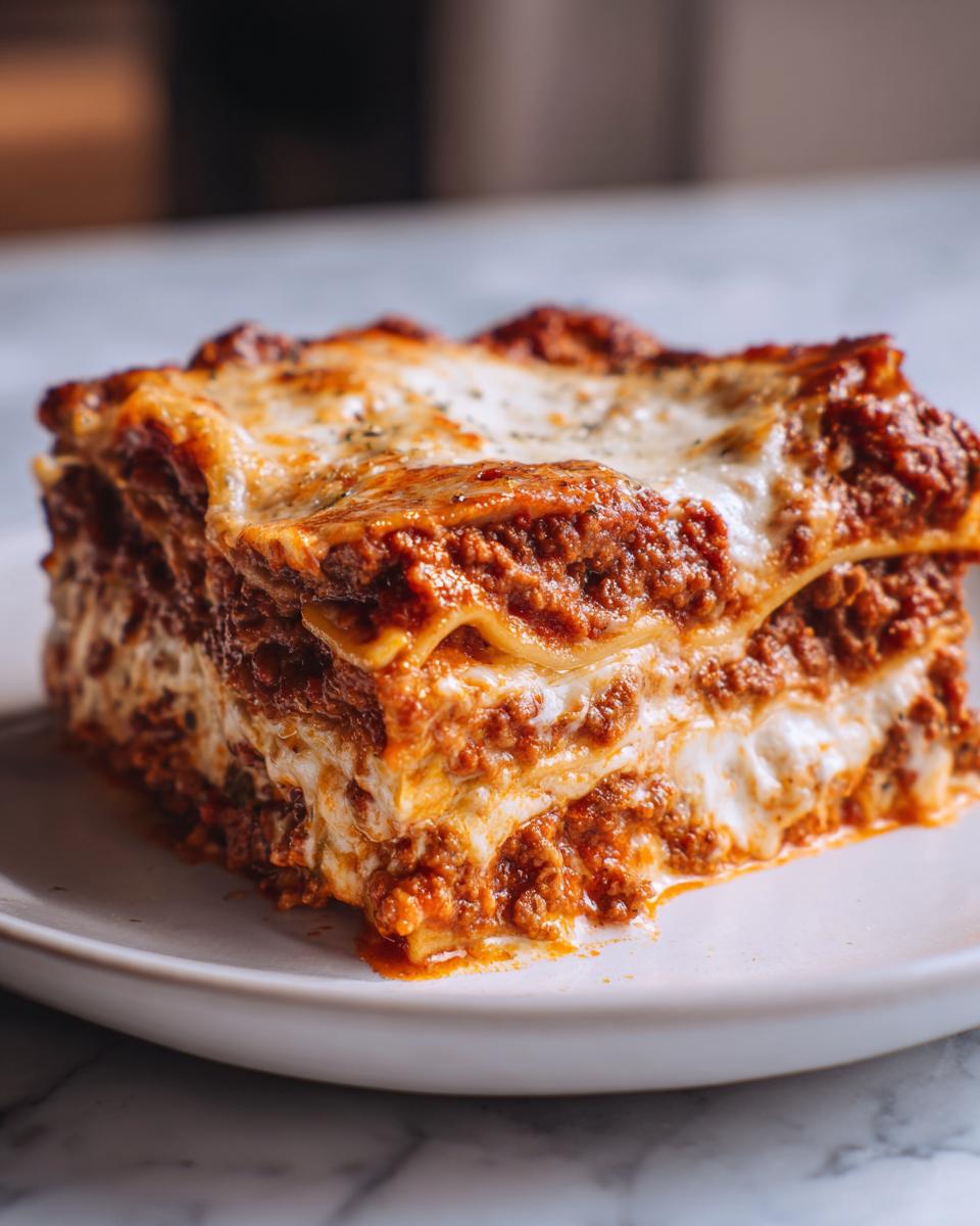 A close-up of a thick, square slice of homemade lasagna showing rich meat sauce and creamy cheese layers.
