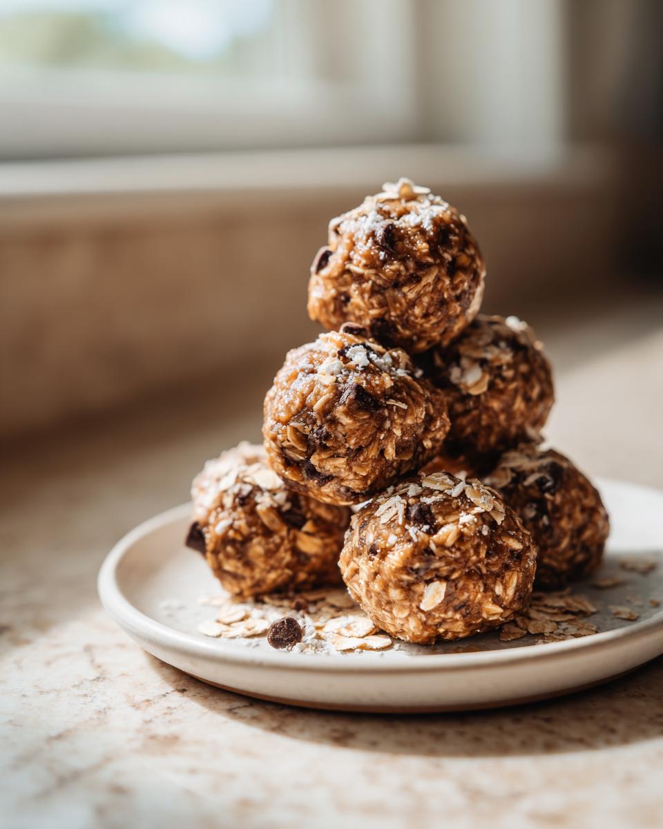 A small stack of six homemade chocolate chip protein balls made with oats, sitting on a light plate.