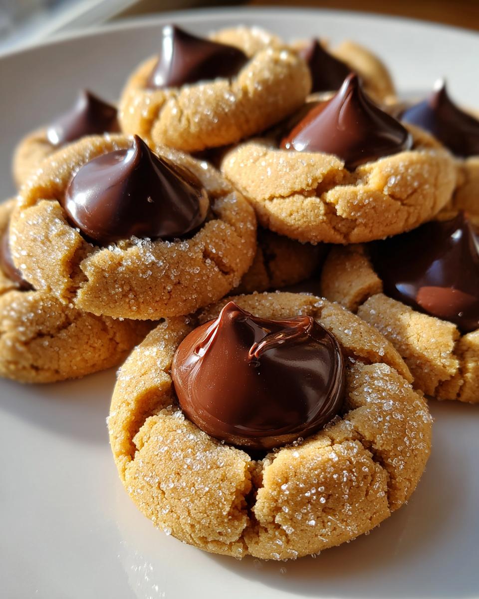 A pile of freshly baked peanut butter blossom cookies, coated in sugar and topped with melted chocolate kisses.