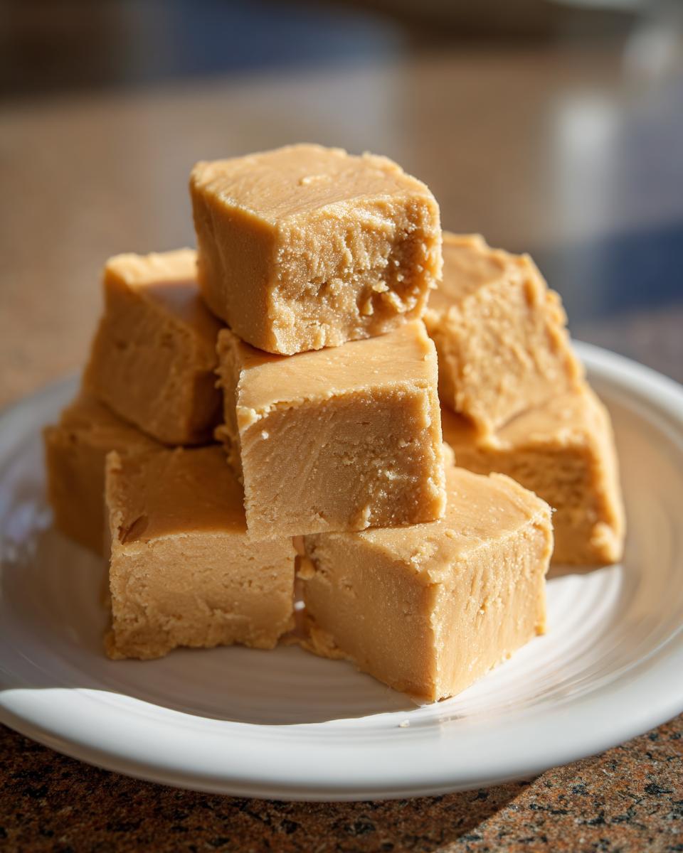 A stack of rich, creamy peanut butter fudge squares piled high on a white plate, catching bright sunlight.