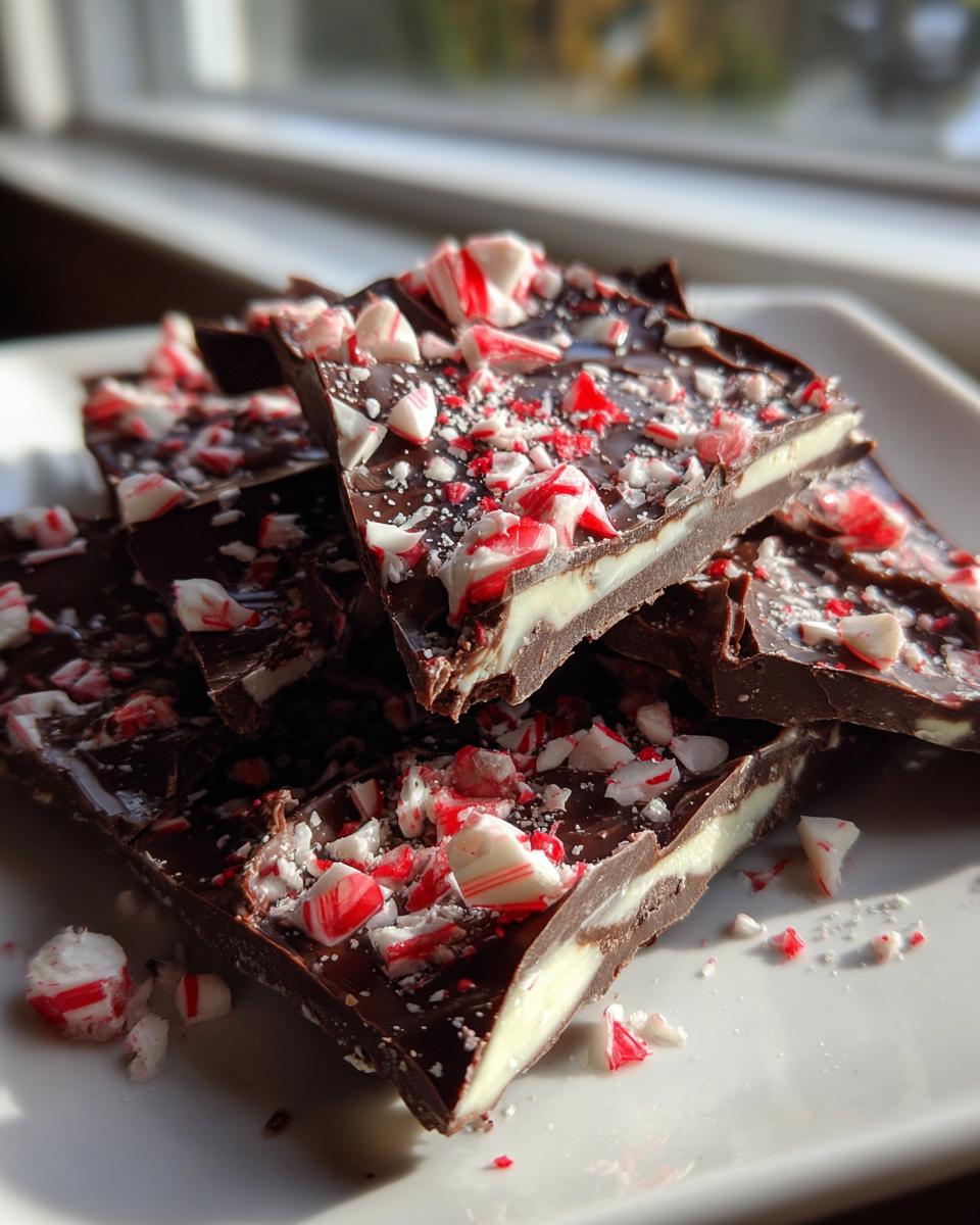 Close-up of stacked, broken pieces of homemade peppermint bark featuring dark chocolate, white filling, and crushed candy canes.