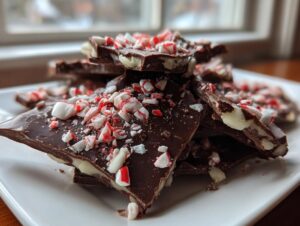 A stack of broken pieces of dark chocolate and white chocolate peppermint bark topped with crushed candy canes.
