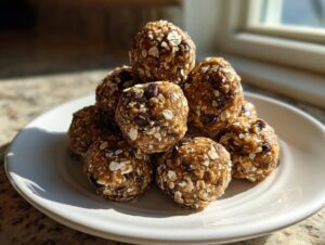A stack of homemade protein balls covered in rolled oats and visible chocolate chips, sitting on a white plate.