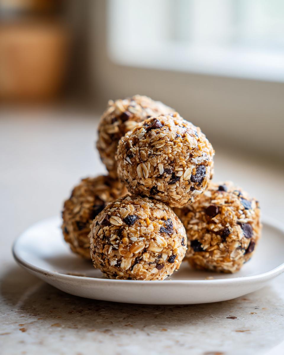 A stack of five homemade protein balls made with oats and chocolate chips resting on a small white plate.