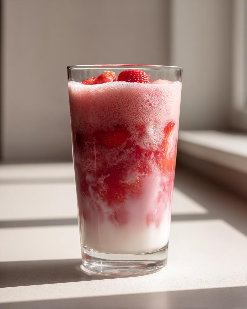 A tall glass showing layers of white milk and bright red strawberry puree, topped with foam and whole strawberries, making delicious strawberry milk.