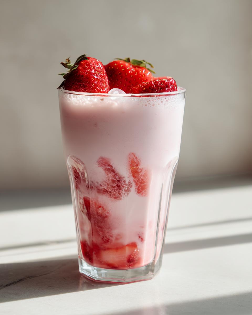 A tall glass filled with pink strawberry milk, chunks of fresh strawberries, and topped with whole strawberries.