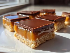 Close-up of square homemade twix cookies bars showing shortbread base, thick caramel layer, and chocolate topping.