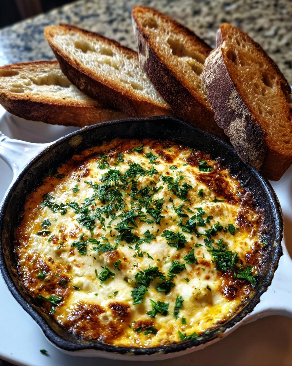 A hot, cheesy baked bread dip in a small cast iron skillet, topped with parsley, served with toasted baguette slices.