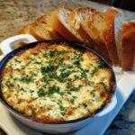 A hot, cheesy bread dip baked in a small skillet, topped with parsley, served alongside sliced baguette for dipping.