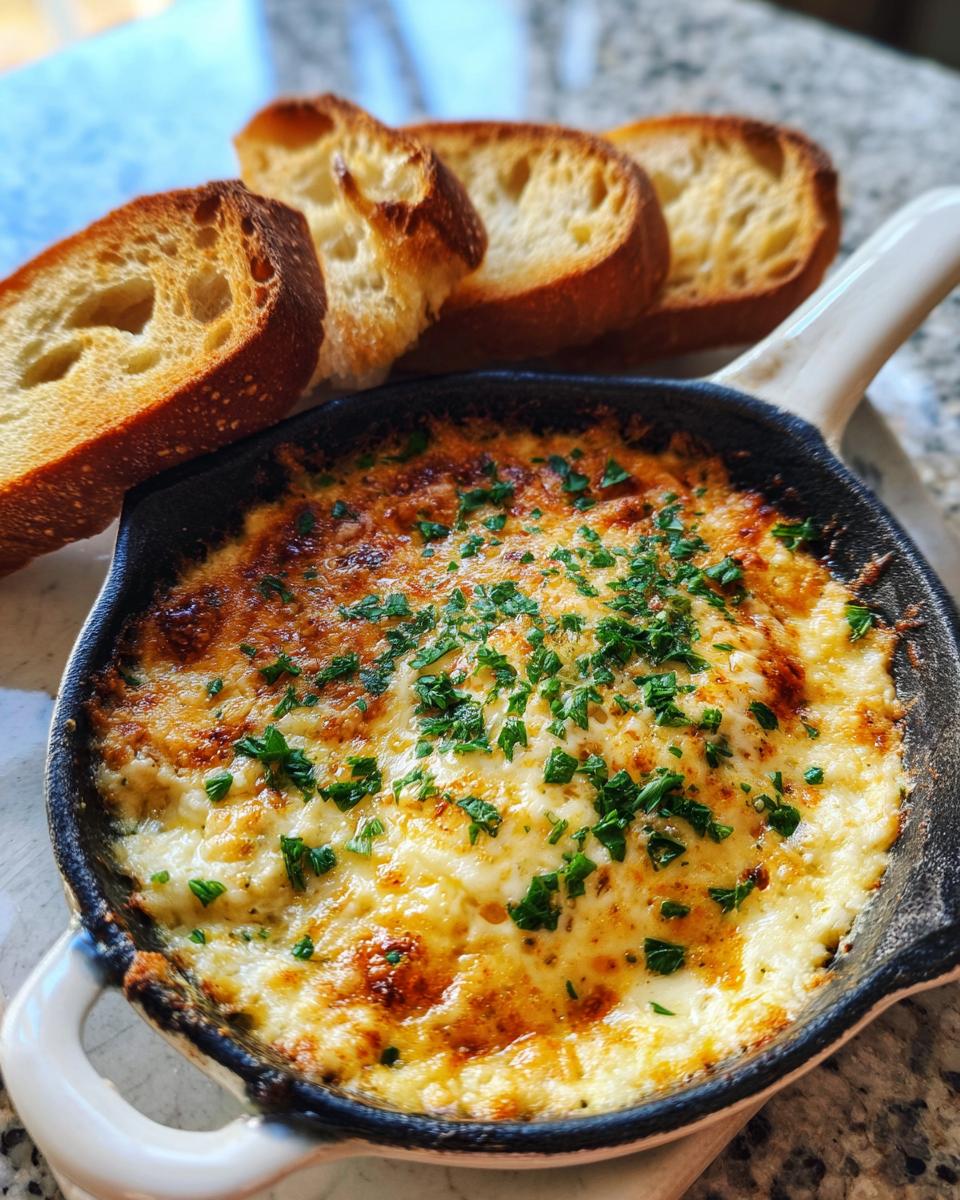 A hot, bubbly, cheesy bread dip in a small cast iron skillet, garnished with parsley, served with toasted bread slices.