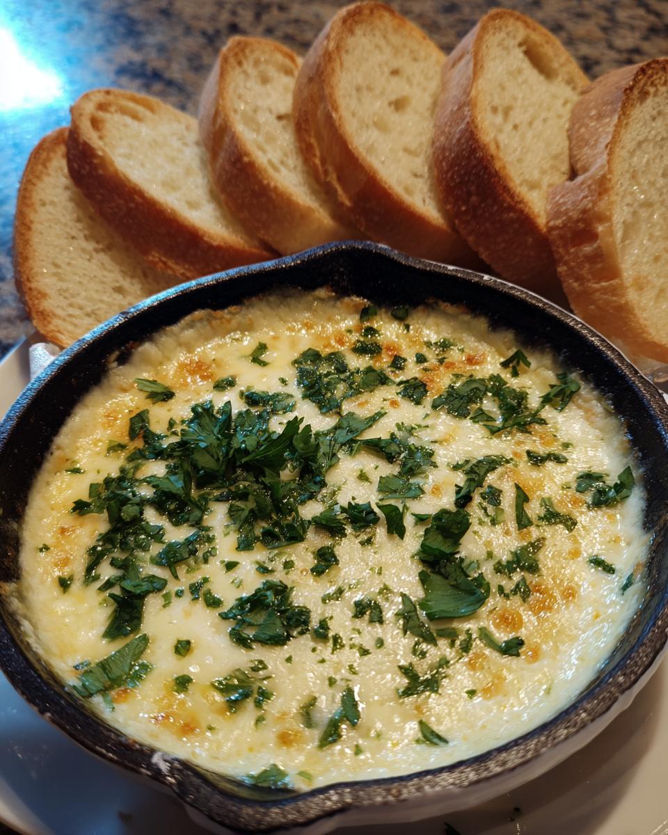 Close-up of a hot, cheesy bread dip served in a small cast iron skillet, topped with parsley, next to sliced baguette pieces.