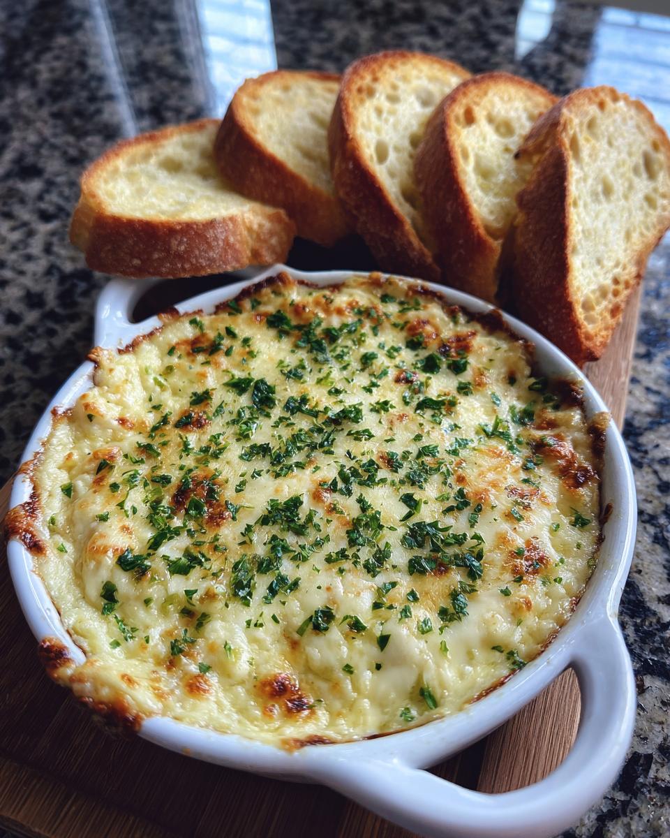 A bubbling, cheesy baked bread dip topped with fresh parsley, served with toasted baguette slices.