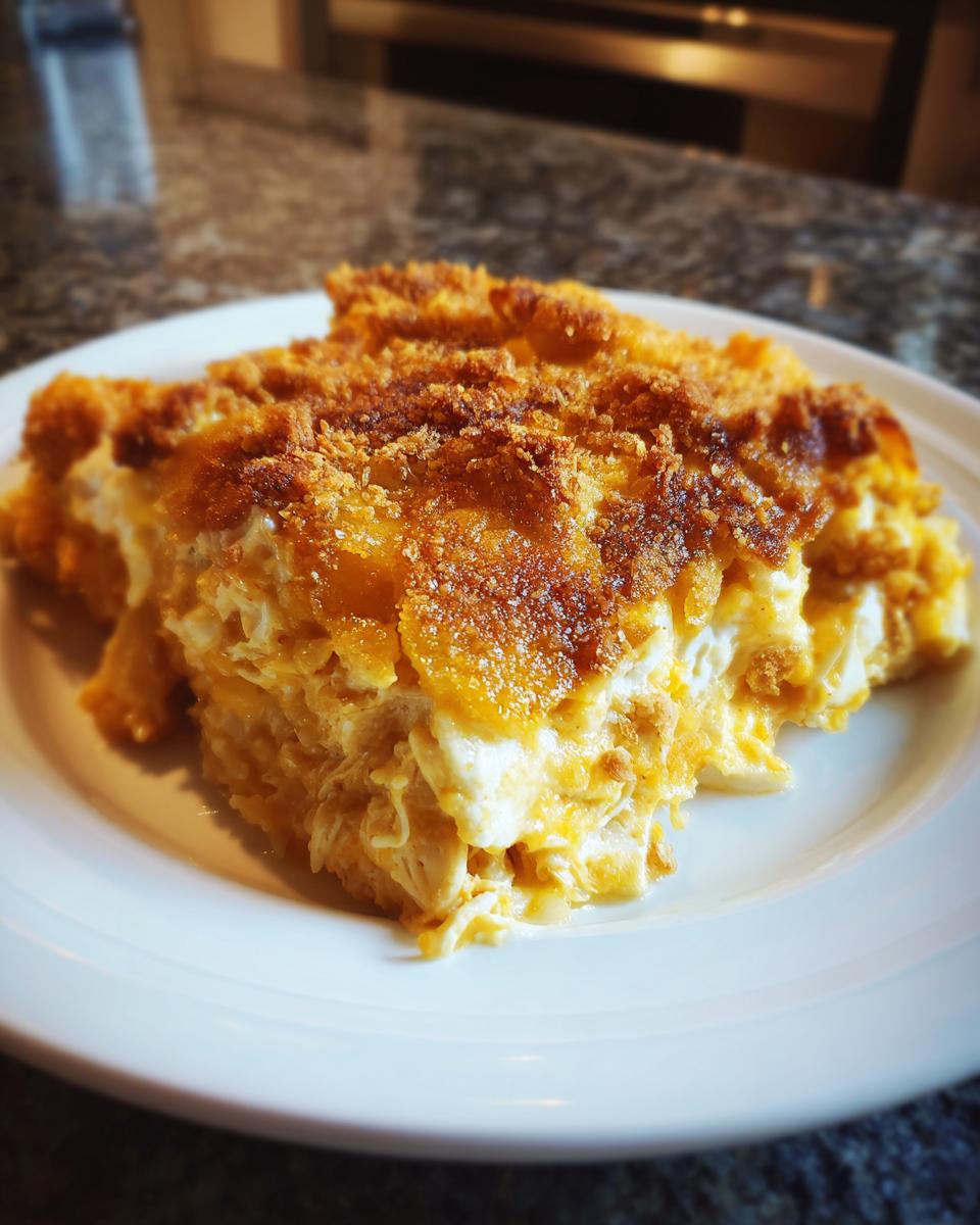 A close-up serving of creamy hot chicken salad casserole with a golden, crunchy topping on a white plate.