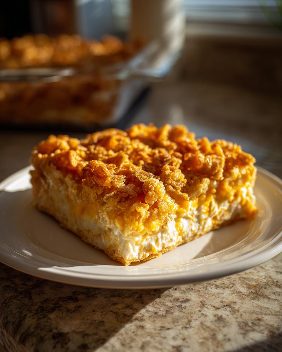 A square slice of creamy hot chicken salad casserole topped with crunchy, golden cornflakes on a white plate.